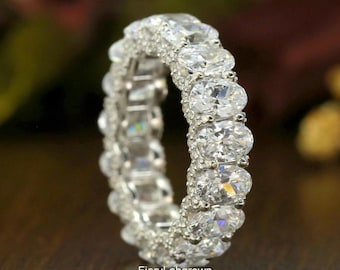 6 x 4 MM Ovalschliff Lab gewachsen Diamant Ehering | Attraktives U Prong Micro Pave Set Diamond Full Eternity Band | 10K Weißgold Band | Geschenk