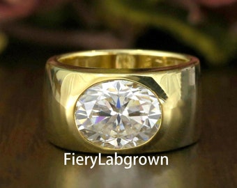 Solitaire Lab Diamond Wide Band Ring | 2.50 Ct East To West Oval Cut CVD Diamond Engagement Ring | Flush Set Diamond Men&#39;s Ring In 14K Gold