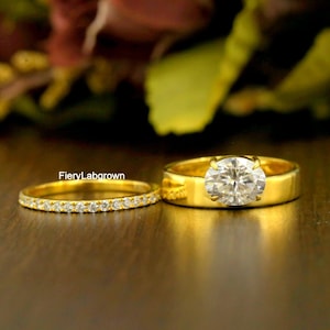10K Gold Bridal Ring Set | Horizontal 2CT Oval Cut CVD Diamond Wedding Band | Off Side Diamond Wide Cigar Band | Full Eternity Matching Band