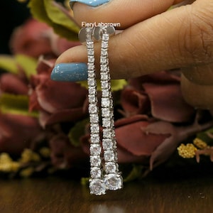 Man-Made Diamond Tennis Earrings | 2.69TCW Round Brilliant Cut CVD Diamond Drop Earrings For Bride | Classic Long Drop Earrings | Screw Back