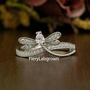 Diamond Dragonfly Ring | 0.44tcw Pear & Round Cut Lab Grown Diamond Wedding Ring | Antique Diamond Ring For Women | Beautiful Dragonfly Ring