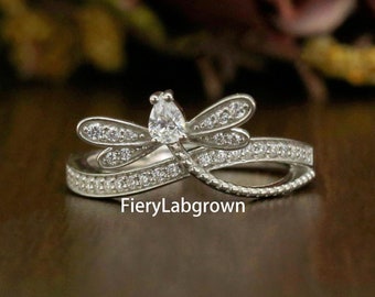 Diamant Libelle Ring | 0.44tcw Birne & Rund Schliff Lab gewachsen Diamant Ehering | Antiker Diamantring für Frauen | Wunderschöner Libellenring