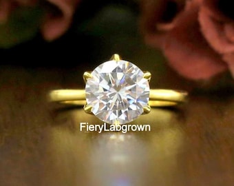 Anillo de compromiso con diamante cultivado en laboratorio, talla brillante redonda de 9 mm / Anillo solitario con diamante engastado en tulipán / Anillo con aro europeo de oro amarillo de 14 quilates / Regalo