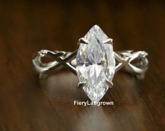 12 x 6 MM Diamant-Ehering im Marquise-Schliff | Klassischer Solitär-Diamantring mit von der Natur inspiriertem Zweigdesign | 14K Weißgold Ring