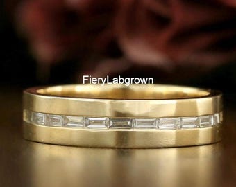 Horizontaler 3x1.5 MM Baguetteschliff Ethischer Diamant Ehering | Channel Set Halbe Ewigkeit Diamant Band | Wunderschönes Herrenarmband aus 10K Gold