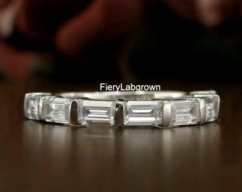 Wunderbares Horizontal Bar Set Diamantband | 0,29 CT Smaragdschliff Ethischer Diamant Ehering | 18K Weißgold Band | Stapelbares Frauen-Band