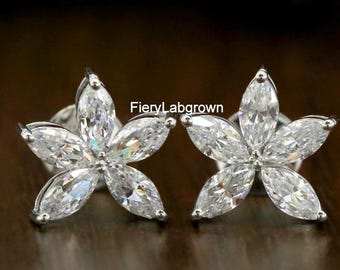 Schöne Blumen Ohrstecker | 6 x 3 MM Marquise Cut Grün Diamant Damen Ohrringe |  14K Weißgold Push Back Ohrringe | Jubiläumsgeschenk