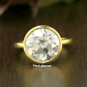 Bezel Set Old European Cut Diamond Solitaire Ring | 3.87 CT OEC Round Cut CVD Diamond Wedding Ring | 14k Yellow Gold Ring | Bridal Ring Gift