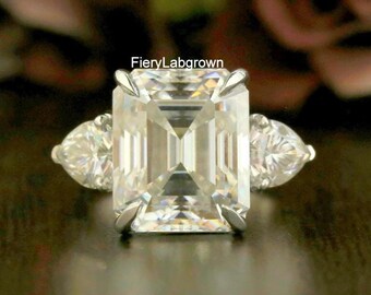 Attraktiver Trilogy Diamant-Verlobungsring | 7 TCW Ring mit Smaragd und Diamant im Herzschliff | 10K Weißgold Ring | Perfekter Antragsring