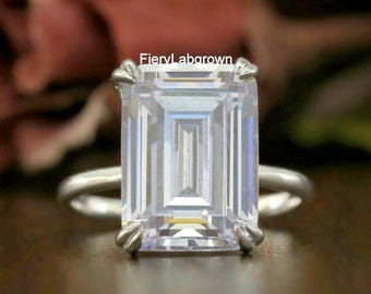 14 x 10 MM Umweltfreundlicher Diamant-Verlobungsring im Smaragdschliff | Klassischer Doppelkrallen Prong Set Solitär Diamant Ring | 10K Weißgold Ring | Geschenk