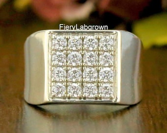 Stunning Men's Square Shape Ring | 2.80 MM Round Cut Ethical Diamond Engagement Ring | 10K Gold Flair Shank Signet Ring | Wide Band Ring