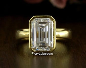 Solitaire 12x8 MM Emerald Cut Ethical Diamond Engagement Ring | Bezel Set Diamond With Pinched Shank Ring | 10K Yellow Gold Think Band Ring