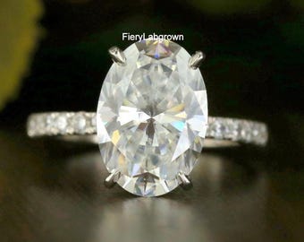 13 x 9 mm umweltfreundlicher Diamant-Ehering im Ovalschliff | Vier Klauen Prong mit Pave Set Diamantring | 14K Weißgold Ring | Perfekter Antragsring