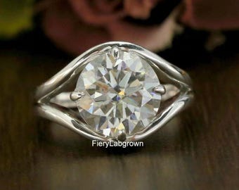 10 MM rund Brilliantschliff CVD Diamant Ehering | Kompass Prong Set mit Split Schaft Solitär Diamant Ring | Stilvoller Ring aus 18K Weißgold