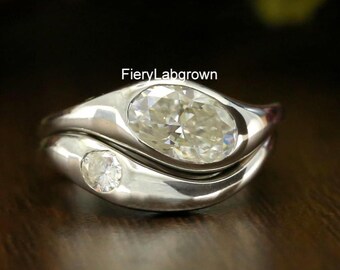 Horizontale 9 x 6 MM Oval Cut Künstlich Diamant Solitärring | Passender Flush Set Diamant geschwungener Bandring | 10K Weißgold Braut Ring Set