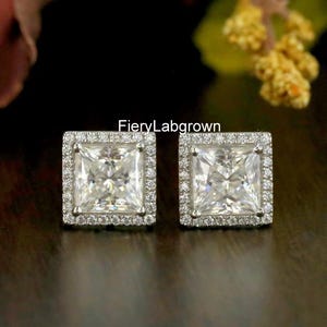 6.50 MM Princess Cut Lab Grown Diamond Stud Earrings | Halo Set Diamond Stud Earrings | Screw Back Earrings | Daily Wear Earrings For Her
