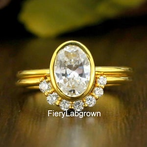 18K Yellow Ring Set | Bezel Set 2.50 CT Oval Cut Lab Grown Diamond Solitaire Ring | Matching Round Cut Diamond Curved Band | Bridal Ring Set