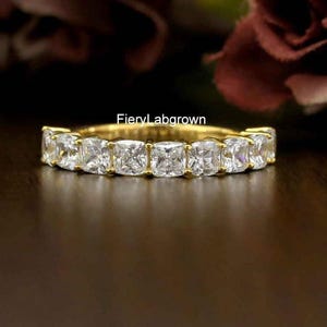 18K Yellow Gold Matching Band | Nine Stone 4 MM Cushion Cut Eco-Friendly Diamond Wedding Band | Classic Shared Prong Setting Diamond Band