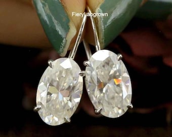 Klassische Solitaire Diamond Drop Ohrringe für den Alltag | 14 x 9 MM Oval Cut Umweltfreundliche Diamant Damen Ohrringe | 14K Weißgold Ohrringe