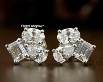 Attraktive Trilogy Diamant Ohrstecker | 3 TCW Smaragd, Oval & Pear Cut künstlichen Labor gewachsene Diamant Ohrringe | 10K Gold Ohrstecker