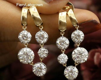 Pendientes colgantes atractivos / Pendientes de boda de diamantes éticos de talla redonda de 4,46 quilates / Conjunto de pendientes de diamantes / Pendientes de oro bicolor de 10 quilates