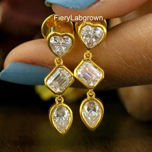 3 TCW Heart Emerald & Pear Cut Man-Made Diamond Dangle Drop Earrings | 18k Gold Earrings | Bezel Set Diamond | Screw Back | Anniversary Gift