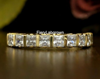 3 MM Princess Cut Umweltfreundliche Diamantband | Atemberaubendes Bar Set Diamant Halbes Eternity Band | 18K Gelbgold Band | Damen Band