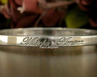 14k Weißgold individueller Name Datum gravierte Armband | Personalisierter Geschenk Armreif | Angepasstes Armreif Armband | Geschenk für Sie oder Ihn