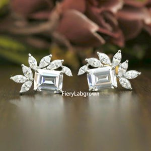 Classic Lab Grown Diamond Earrings | 6.88 TCW Emerald & Marquise Cut Diamond Stud Earrings | Cluster Diamond Wedding Earrings | Screw Back