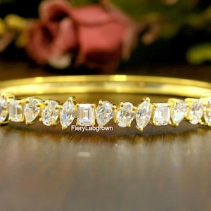 Attractive 7.82 TCW Multi shape Lab Grown Diamond Anniversary Bangle | Prong Setting Half Eternity Bangle For Women | 10K Yellow Gold Bangle