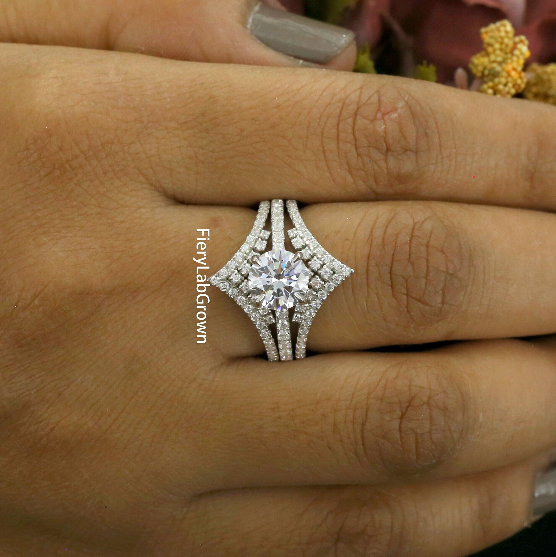 Buy CVD Diamond Enhancer Design Insert Wedding Ring Set 7.50 Mm Round ...