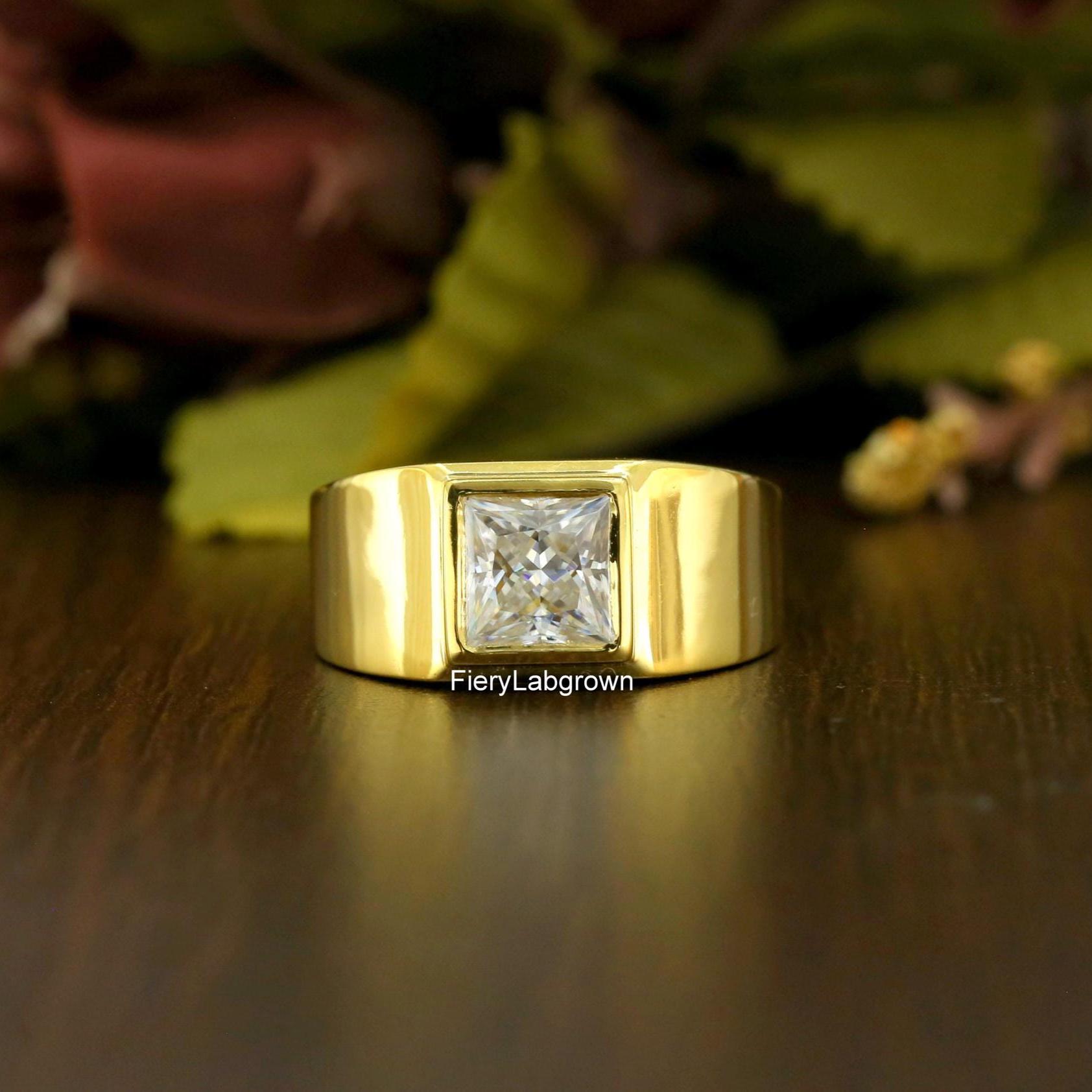 Signet Men's Ring | 2.00 CT Princess Cut CVD Diamond Solitaire Ring | Bezel Set Wide Band Ring | 10K Yellow Gold Ring | Flair Shank Ring