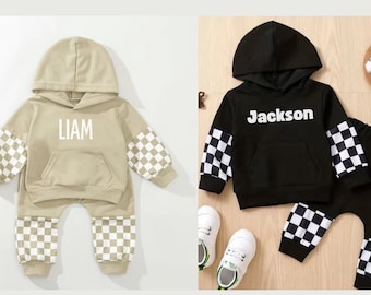 Custom Personalized Checkerboard Baby Jogger Set | Gender Neutral Set | Cozy Soft Hooded Sweatshirt Set | Name Gift | Toddler Sweatshirt