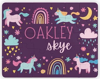 Unicornio nombre personalizado niños rompecabezas, regalo de nombre de las niñas, regalo para niños pequeños, rompecabezas personalizado, rompecabezas para niños pequeños, rompecabezas de nombres, rompecabezas de unicornio