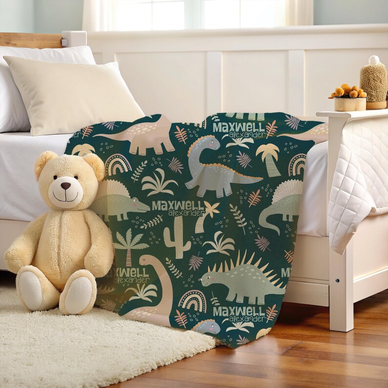 Personalized Kids Dinosaur Name Blanket, Boy Blanket, Baby Blanket