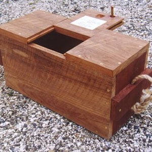 Könnte beinhalten: Eine Holzkiste mit einem Scharnierdeckel, Messingbeschlägen und Seilgriffen. Die Kiste ist aus dunklem Holz mit einer natürlichen Oberfläche. Die Kiste ist offen und leer.