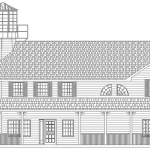 May include: A black and white line drawing of a two-story house with a tower on the left side. The house has a porch with railings and windows. The roof is shingled.