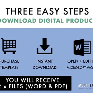 May include: Three easy steps to download a digital product: purchase the template, instantly download it, and open and edit it in Microsoft Word. You will receive two files: a Word document and a PDF.