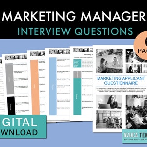 Peut inclure: Une image en noir et blanc d'un document intitulé "Marketing Applicant Questionnaire" avec le texte "6 Pages" dans un cercle. Le document est conçu pour aider à déterminer les qualifications d'un candidat au poste de responsable marketing. Le document est un téléchargement numérique.