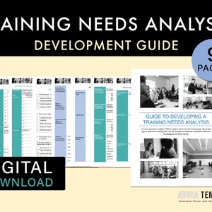 May include: A digital download guide for developing a training needs analysis. The guide includes 9 pages with a blue and green color scheme. The cover features a photo of a group of people in a classroom setting.