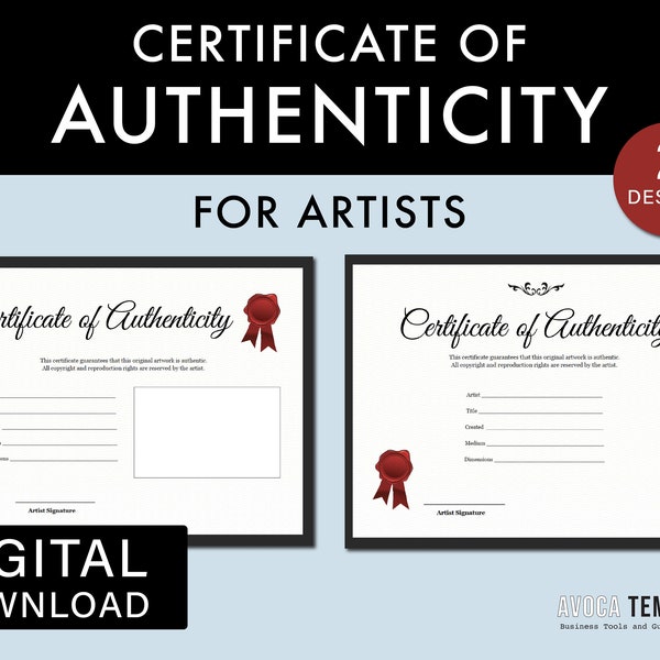 Certificat d'authenticité pour les artistes. Modifiable. Imprimable. 2 modèles différents. Modèle PDF. Formats A4, US Letter et A5.