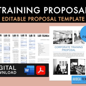 Propuesta de capacitación corporativa. 9 páginas. Editable con Microsoft Word o Adobe Acrobat PRO. Tamaño A4 y Carta de EE. UU. Plantilla para descarga digital.