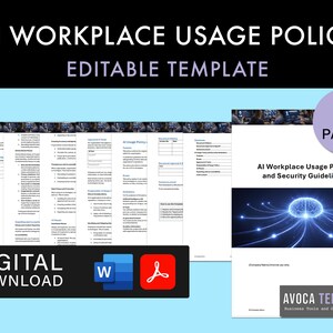 Op de afbeelding: Een digitale sjabloon voor een AI Workplace Usage Policy. De afbeelding toont de tekst "AI WORKPLACE USAGE POLICY EDITABLE TEMPLATE" en "DIGITAL DOWNLOAD". De sjabloon is 8 pagina's en bevat Word- en PDF-pictogrammen.