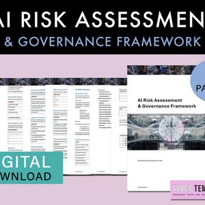 May include: A digital download titled "AI Risk Assessment & Governance Framework" with the text "8 Pages." The document features a modern design with a teal "Digital Download" button and the Avoca Templates logo.