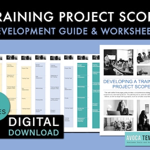 May include: A digital download of a training project scope development guide and worksheets. The guide includes 11 pages of templates and worksheets to help you develop a comprehensive strategy and project scope for any new training launch. The guide is useful for both small training initiatives, as well as large training projects, such as complex corporate restructurings.