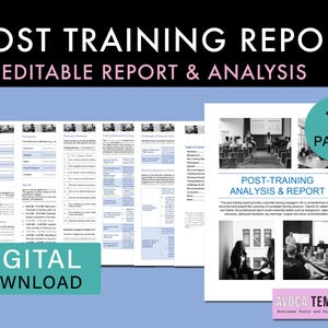 May include: A digital download of a 11-page post-training report and analysis template. The template is designed to help businesses document and present the outcomes of completed training sessions. The template includes sections for background information, participant feedback, key learnings, insights and recommendations.