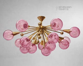 Lámpara de techo italiana Stilnovo de los años 50, estilo Sputnik, con bola verde y rosa, latón.