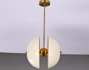 Italian 1950s Mid-Century Modern Brass Disk Pendant | Sputnik-Style Ceiling Light Fixture | Dining Room Chandelier