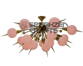 May include: A mid-century modern chandelier with a gold-toned frame and pink globe lights. The fixture has multiple arms extending outwards, each tipped with a sharp point. The text "SPURHZEN TS" is visible.