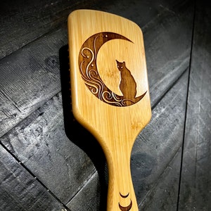 Hairbrush - “Starry Eyes” design engraved on Bamboo. Cat & Tribal Moon on large paddle handle Super Soft Bristles Hair Brush